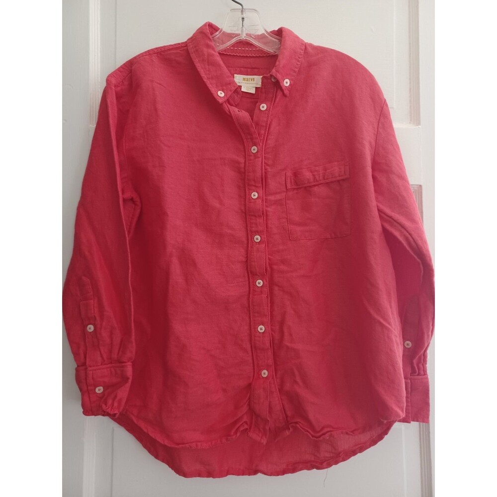 Maeve Anthropologie pink/red linenblend buttondown shirt XS classic colorful